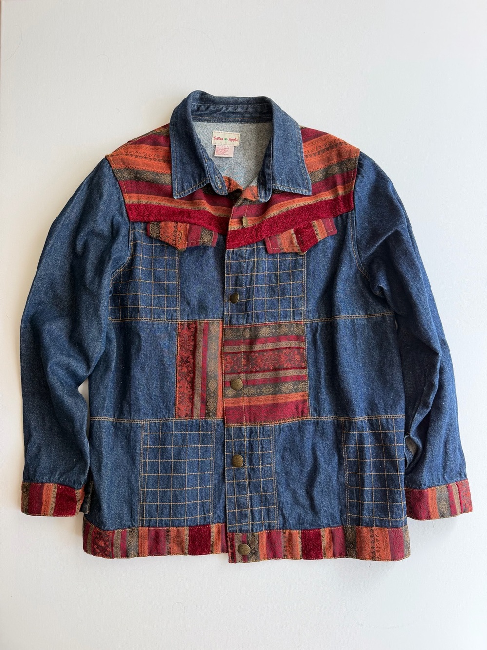 Vintage Toffee Apple Patchwork Denim Jacket Women’s Large Boho Western Ramie